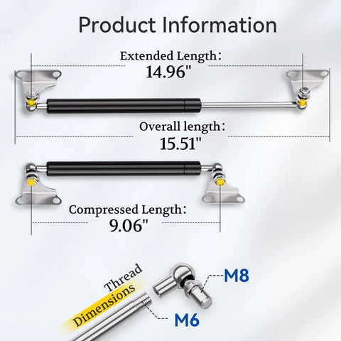 Gas Struts 15 Inch 22.5 Lb Two Pack With Brackets product dimensions and thread sizes M6 M8 for camper doors and storage boxes