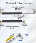 Heavy Duty Gas Struts 15 Inch With Brackets 2 Pack, showing extended and compressed lengths, and thread dimensions.