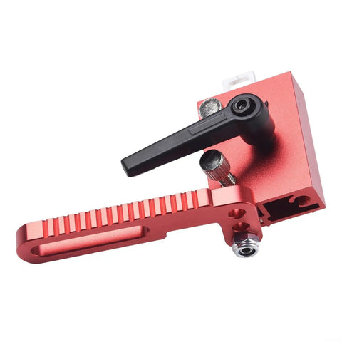 Beefed Up Adjustable Miter Track Stop For Table Saw And CNC Router Table Red Aluminum Alloy T Slot Fence Flip Stop Jig close-up view