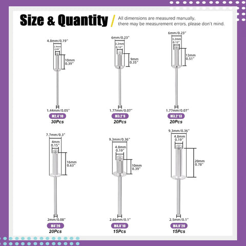 All In One Go-To Rivet Kit With Aluminum Blind Rivets And Manual Gun size chart showing dimensions of various rivet sizes.