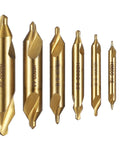 Joyoolife 7-piece M35 cobalt HSS center drill bit set, gold titanium-coated, metric 1.0–5.0 mm, front view