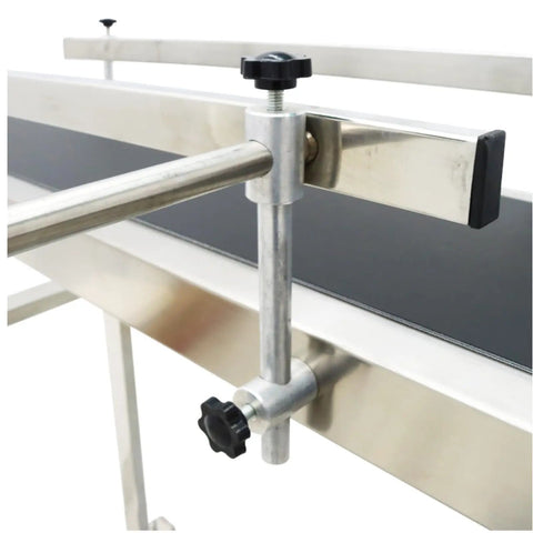 Close-up of 110V PVC Belt Conveyor With Double Guardrail Workhorse 47.2 Inch Length 7.8 Inch Belt Width showcasing adjustable guardrail