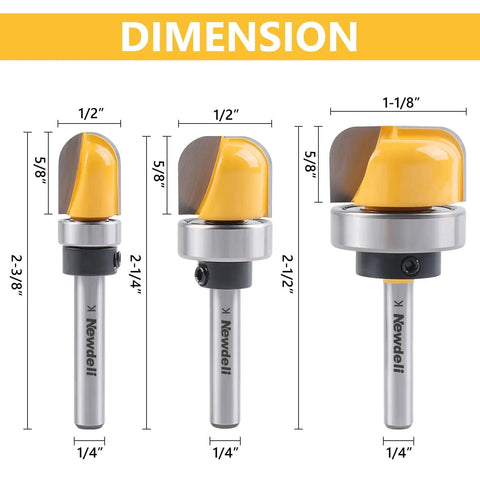 Three Piece Bowl And Tray Template Router Bit Set With 1/4 Inch Shank Carbide Round Nose Bits And Bearing For Dish Carving, Diameters 1/2 Inch, 3/4 Inch, 1-1/8 Inch, Durable Woodworking Router Bits