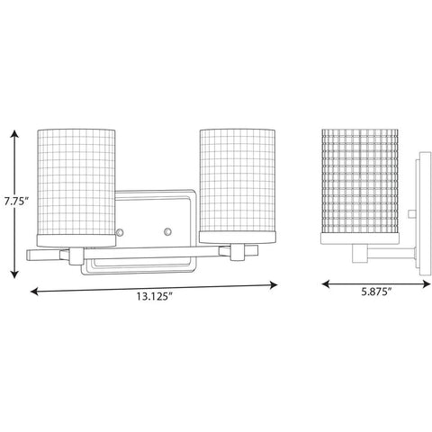 Dimensions of Two Light Clear Patterned Glass Transitional Bath Vanity Light In Brushed Nickel Finish with grid pattern shades.