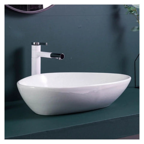 Bathroom Sink Ceramic Art Basin Large Size Creative Triangle Above Counter Basin with smooth white finish and modern faucet.