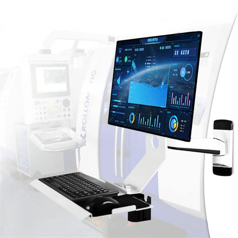 Rock Solid Full Motion Wall Mount Workstation With Adjustable Standing Desk System And Epic Ergonomic Monitor Arm With Keyboard Tray For Savage Home Office Setup Pure Fire displaying monitor and keyboard tray.