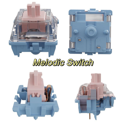 Gateron Melodic Switches 5 Pin 60GF Clicky Mechanical Keyboard Switches For MX Mechanical Keyboard Dual Rail Design With Stable Stem And Crisp Melodic Sound Factory Pre Lubed Pack Of 72, blue and pink switch views