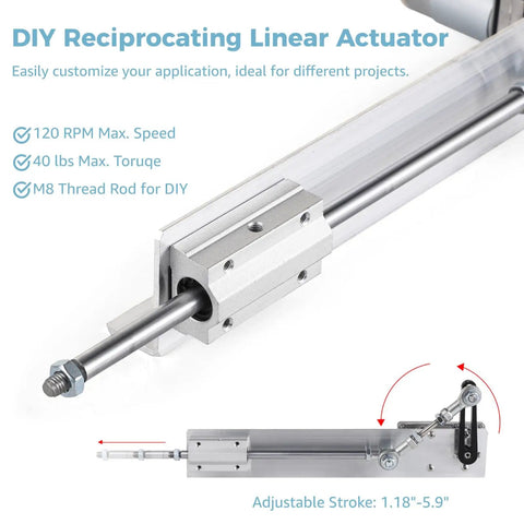 Reciprocating Linear Actuator For Quick Smooth Motion And A True Workhorse For Your DIY Projects DC 24V 120 RPM Adjustable Stroke 1.18 To 5.9 Inches Up To 40 Lbs Thrust With Power Control Adapter, aluminum body