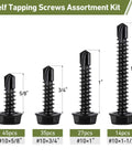 Black Zinc Stainless Self Tapping Screws Set, 121 Piece, 410 Stainless, Self Drilling For Metal, Hex Washer Head, Black Finish