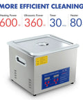 Stainless steel 15L ultrasonic cleaner with lid, front view, blue digital control panel