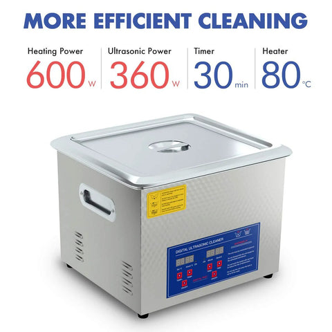 Stainless steel 15L ultrasonic cleaner with lid, front view, blue digital control panel