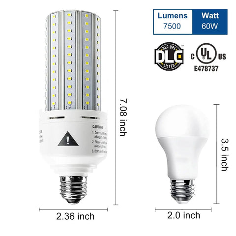 60W Equivalent LED Corn Light Bulb with 7500 Lumens, 5000K Daylight, E26/E27 base, size comparison to standard bulb