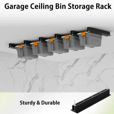 Heavy Duty Overhead Garage Storage Rack And Ceiling Tote Hanging System With Powder Coated Brackets Ultimate Space Saver Game Changer Eight Piece Kit Optimized For Seven Large Bins Quick Install Build Out Your Shop Today No Sweat Here