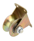 Six Piece Two Inch Steel U Groove Wheels With Brackets For Sliding Gate Rollers And Wire Rope Tracks Locked Tight For Big Load Handling That Runs Smooth As Silk Through Every Daily Grind Project, side view of a steel wheel with bracket.