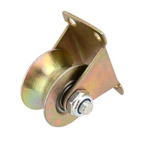 Six Piece Two Inch Steel U Groove Wheels With Brackets For Sliding Gate Rollers And Wire Rope Tracks Locked Tight For Big Load Handling That Runs Smooth As Silk Through Every Daily Grind Project, side view of a steel wheel with bracket.
