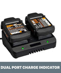 20V Li Ion Dual Port Charger lets you charge two batteries at once in two hours or quick one battery top up