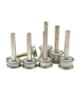Top Notch Concave Diamond Grinding Wheel With 20mm Diameter And 6mm Shank Designed For Rotary Tools Featuring Tough Emerald Grit For Fast Shaping Or Smoothing Metal Jobs Like A Boss At 150 Or 400 Grit, showing metallic grinding wheels.