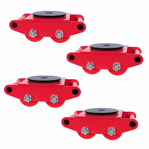 Heavy Duty 4 Pack Machine Skates For Moving Heavy Equipment In Warehouse With Silent Pu Wheels Non Marking And Strong Carbon Steel Frames Built Tough - red machine skates with PU wheels.