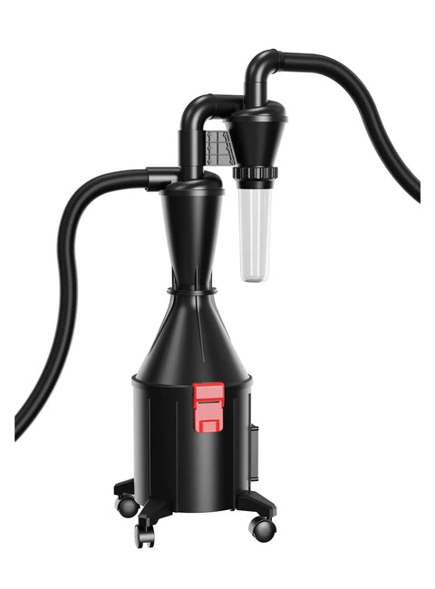 Badass Wall Mounted Cyclone Dust Collector Featuring Turbo Suction And Dual Filters Built Tough, with hoses and wheels for mobility.
