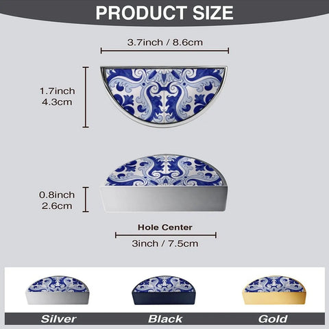 Ink Blue White Scroll Tile Cabinet Handles 2 Pack 3 Inch Hole Center Semicircle Drawer Pulls Solid Zinc Alloy Hardware measurements