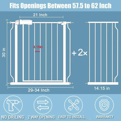 Diagram of Extra Wide Baby Gate For Doorways 57.5 To 62 Inches Adjustable 30 Inch Tall Metal Gate With Double Lock Mechanism