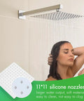 Shower System, 10-Inch Rain Head, 2-in-1 Handheld, Chrome, Wall Mount with 11x11 silicone nozzles delivering rainfall effect.