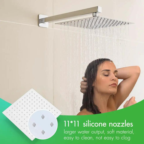 Shower System, 10-Inch Rain Head, 2-in-1 Handheld, Chrome, Wall Mount with 11x11 silicone nozzles delivering rainfall effect.