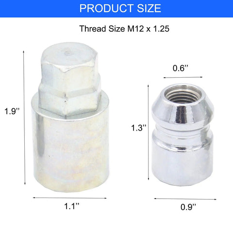 Street Tough Heavy Duty Keyed Wheel Lock Lug Nuts M12x1.25 with dimensions 1.9" height and 1.1" width.