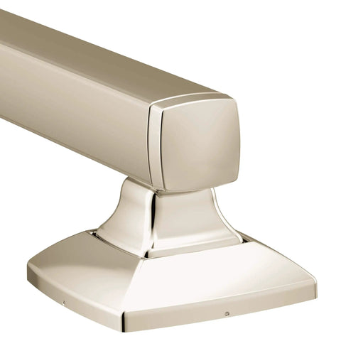 Close-up of 24 Inch Stainless Steel Bathroom Grab Bar In Polished Nickel, showing corner design and mounting base.