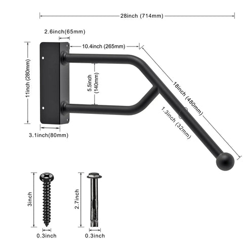 Heavy Duty Jamb Mount Iron Handrails For Indoor And Outdoor Steps Fully Welded Wall Plate 28 Inch Long By 1.3 Inch Diameter Supports Up To 500 Lbs Built For Seniors Durable Safety Grab Bar For Stairs with dimensions shown