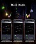 50Ft Outdoor RGBW Rope Fairy String Lights With Bluetooth App Control showing three modes on smartphones