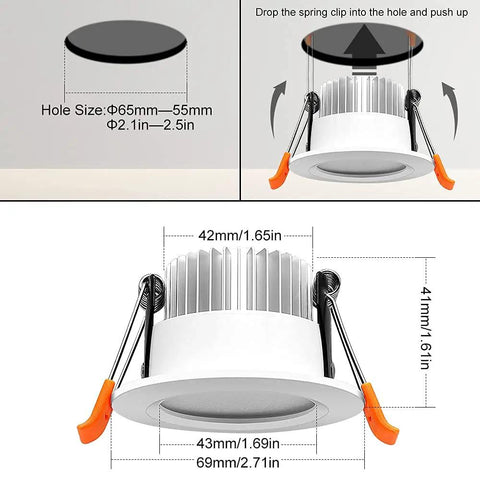 Dimensional diagram of Plug-And-Play 2 Inch Smart Recessed LED Downlight Kit With WiFi Control, showing spring clips and measurements.