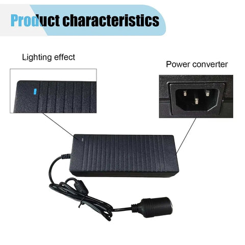 Heavy Duty 120W AC To DC Converter Plug And Play 12V Cigarette Lighter Adapter Straight Cord view, highlighting power connector and cable.