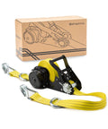 Retractable Ratchet Tie Down Strap One Point Five Inch By 20 Foot Heavy Duty With Double J Hooks And D Rings Tangle Free Webbing