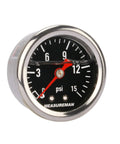 Front view of MEASUREMAN 1.5-inch black-dial fuel pressure gauge, stainless steel case, 0-15 psi, 1/8 NPT
