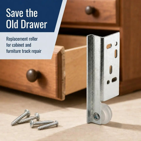 Heavy Duty Center Roller Assembly For Hella Smooth Drawer Glide Two Pack Nylon Wheel C Style Track Replacement With Zero Hassle Mounting Hardware Solid Steel Build, featuring a roller and screws.