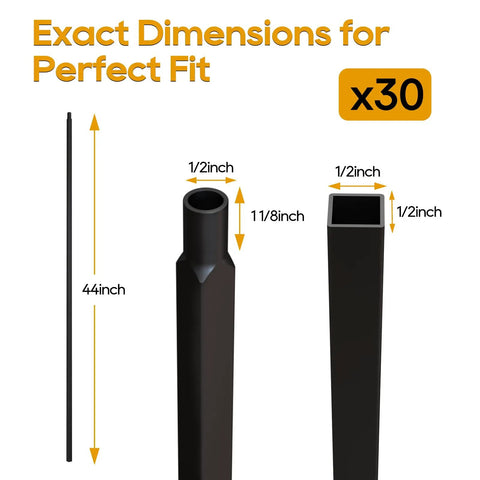 Exact dimensions of Thirty Pack Heavy Duty Wrought Iron Balusters 1/2 By 44 Inch, showing size and shape details.