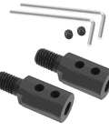Front view of two black metal M10 6mm angle grinder blade sleeve adapters with threaded ends and included hex keys
