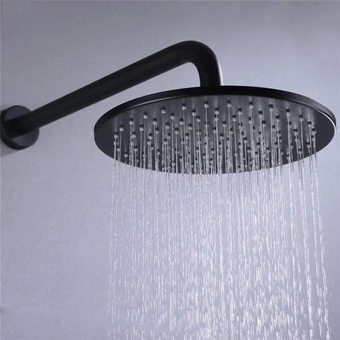 UMJIGF Black Thermostatic Shower System with Cold and Hot Water Wall Mounted Brass Shower Faucet, round shower head spouting water.
