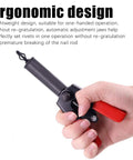 Hand holding Pro Grade Rivet Gun Quick Set Hand Tool with ergonomic red handle and steel body, ready for automotive use