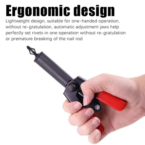 Hand holding Pro Grade Rivet Gun Quick Set Hand Tool with ergonomic red handle and steel body, ready for automotive use