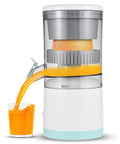 Handheld Citrus Juicer Electric For Oranges Lemons Limes USB Rechargeable Portable Squeezer with orange being juiced.