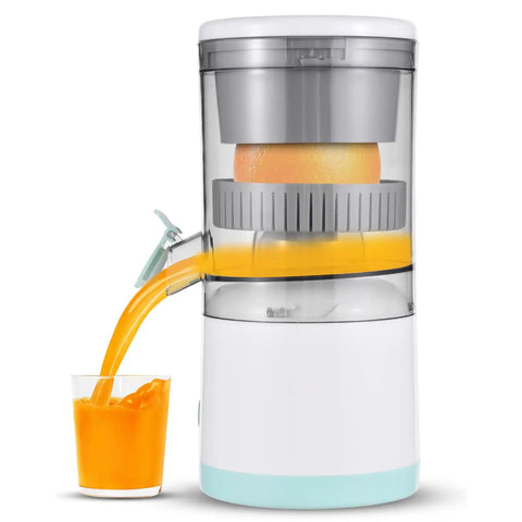 Handheld Citrus Juicer Electric For Oranges Lemons Limes USB Rechargeable Portable Squeezer with orange being juiced.