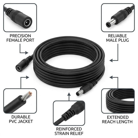 High Performance 18AWG DC Power Extension Cable 5.5mm X 2.1mm Male To Female Power Lead Six Feet Long with durable PVC jacket.