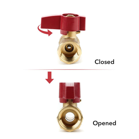 Gas Appliance Hook Up Kit With Brass Ball Valve And 22 Inch Stainless Flexible Connector shown with closed and open positions