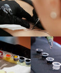 Tattoo Practice Skin Kit With Transfer Paper 66-Piece Set including fake skins, ink cups with colored inks, and tattoo machine in use.