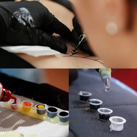 Tattoo Practice Skin Kit With Transfer Paper 66-Piece Set including fake skins, ink cups with colored inks, and tattoo machine in use.