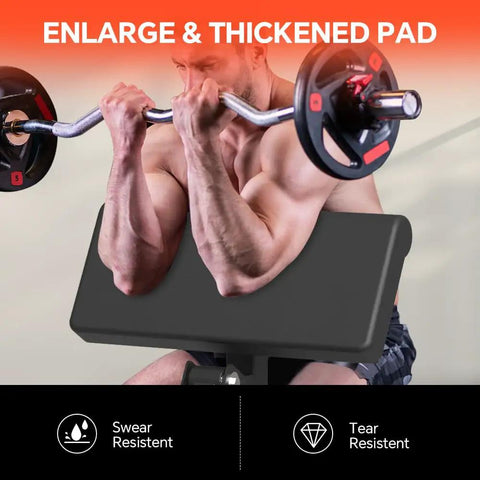 Man using Preacher Curl Bench And 2 In 1 Arm Training Machine For Home Gym Plate Loaded Bicep Curl And Tricep Extension Station.