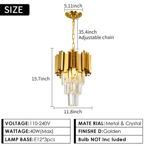 Modern 3 Light Crystal Pendant Chandelier For Dining Room And Kitchen Island With Dimmable Soft Glow And Lit K9 Crystals Ceiling Hanging Fixture, gold finish with chain dimensions.