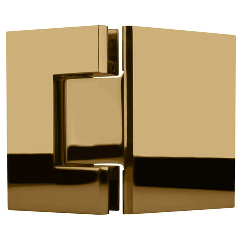 Gold Plated 135 Degree Glass To Glass Hinges With Self Centering Reversible Pivot Pin for shower doors, close-up view.